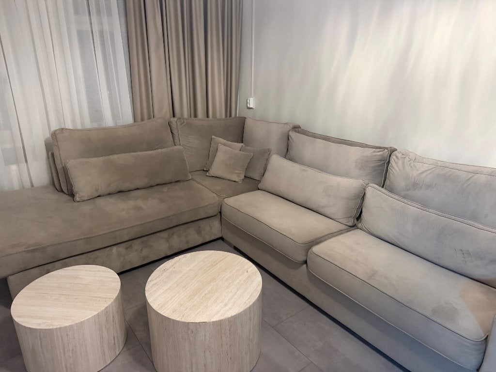 Bankstel velvet champagne/taupe, Ophalen, Minder dan 75 cm, Hoekbank, Zo goed als nieuw
