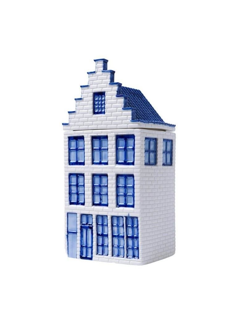 Heinen Delfts Blauw voorraadpot grachtenpand 20 cm, Overige merken, Keramiek, Overige typen, Ophalen of Verzenden