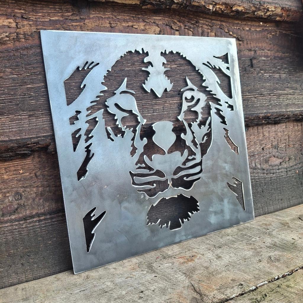 Indrukwekkende Leeuwenkop - Metalen wandpaneel / snijwerk, Metaal, 30 cm, 30 cm, Nieuw