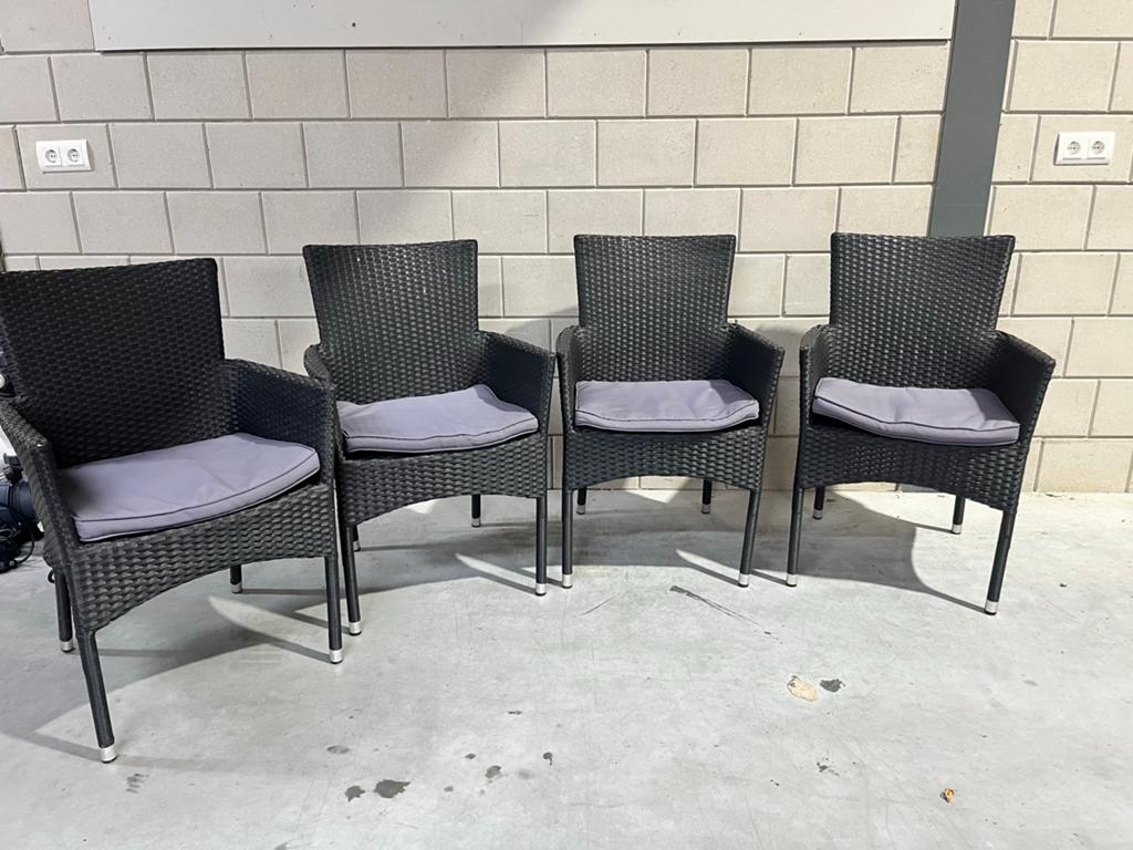 Set van 4 zwarte wicker tuinstoelen met kussens, Huis en Inrichting, Stoelen, Ophalen, Kunststof, Gebruikt, Zwart
