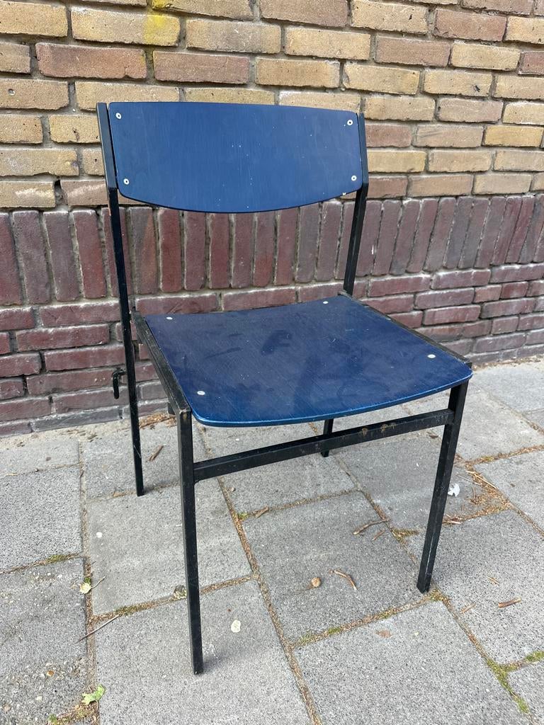 Vintage Industriële Stoel Gijs van der Sluis - Blauw Hout, Ophalen, Gebruikt, Blauw, Eén
