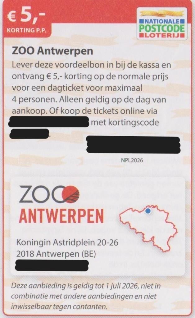 ZOO Antwerpen. € 5,- korting pp. Postcodeloterij voordeelbon, Tickets en Kaartjes, Drie personen of meer, Kortingskaart