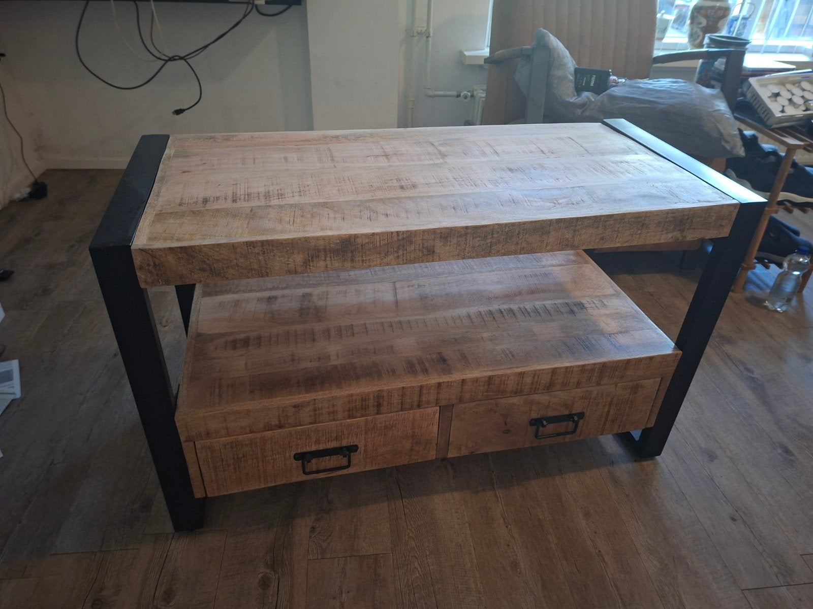 Salontafel en tv kast van mangohout met metalen frame, Industrieel, Landelijk, Zo goed als nieuw, Ophalen, Overige houtsoorten