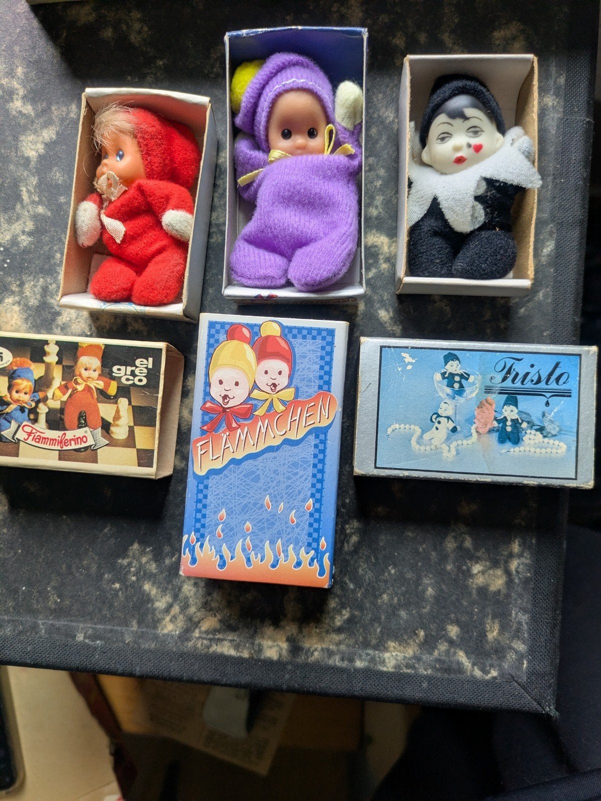 3 Vintage Miniatuur Popjes in Luciferdoosjes oa Flämmchen, Ophalen of Verzenden, Zo goed als nieuw, Pop