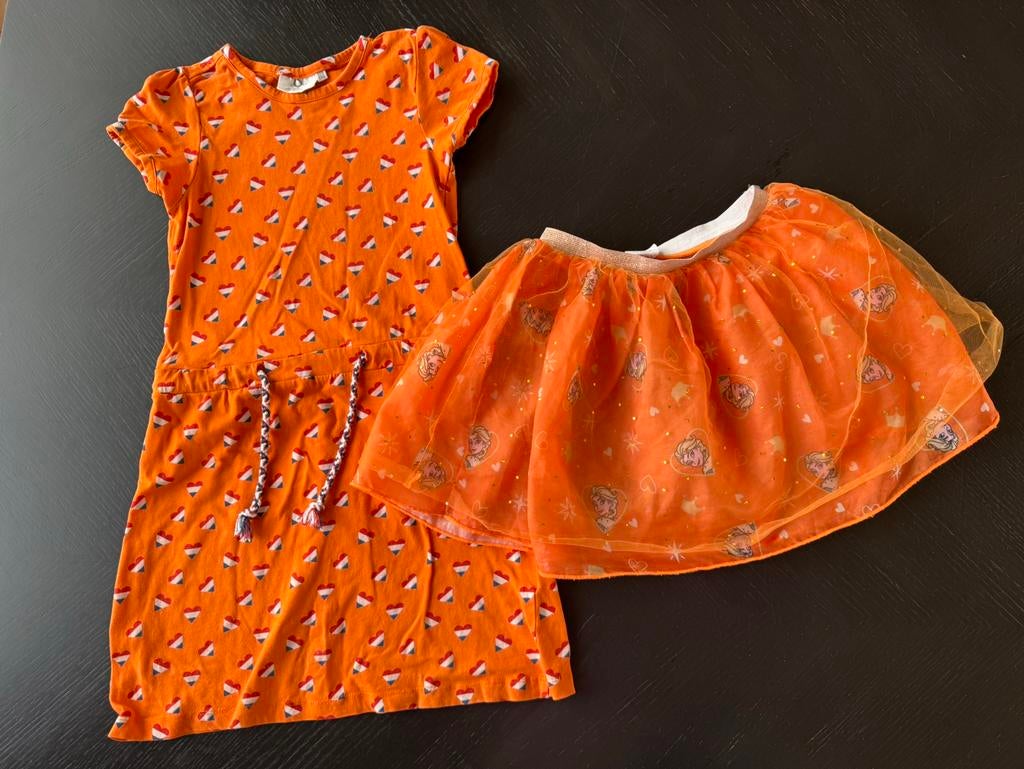 Leuke koningsdag outfit jurk & rokje maat 110/116, Ophalen of Verzenden, Zo goed als nieuw, 110 t/m 116, Meisje