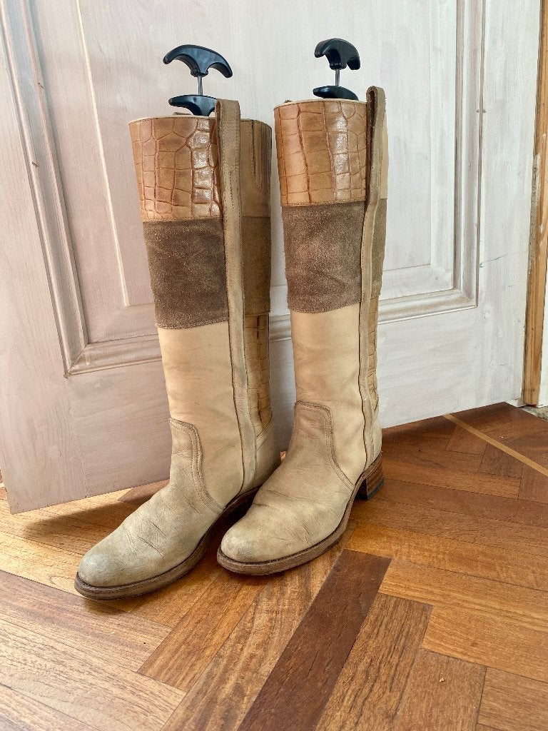 Sendra  beige laarzen met krokodillenprint en suède, Beige, Ophalen of Verzenden, Gedragen, Hoge laarzen