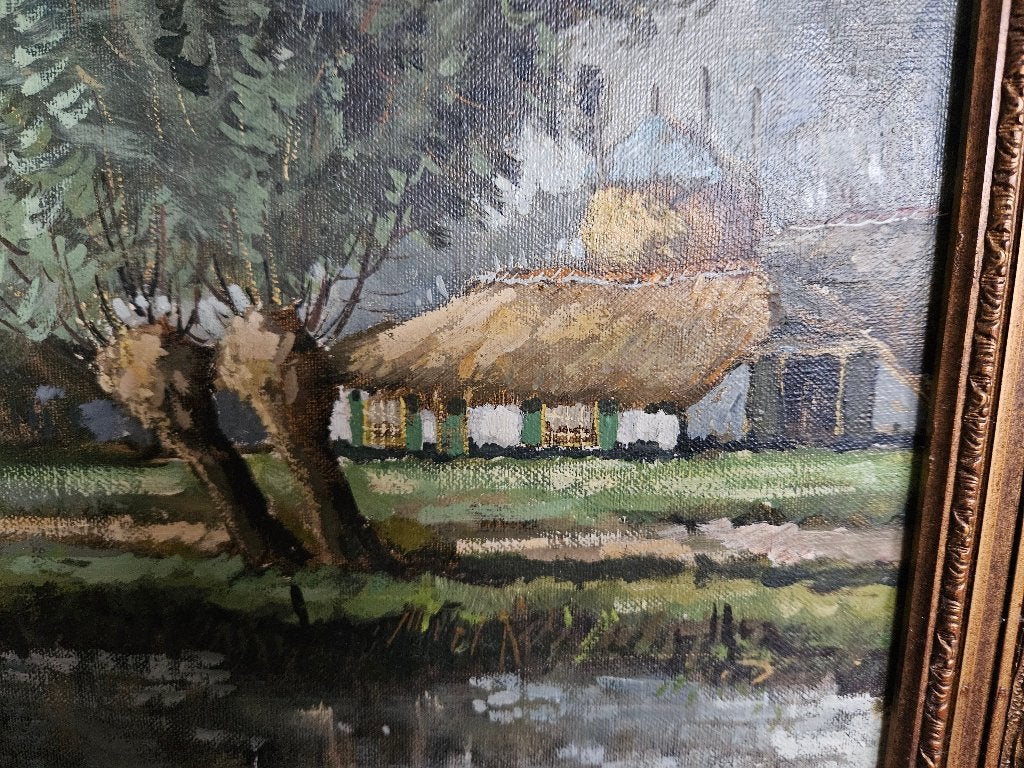 Schilderij B.H. Slotman, boerderij, Ophalen, Doek, Impressionistisch, Landschap