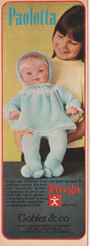 Retro reclame 1970 Furga speelgoed mooie baby pop, Verzamelen, Verzenden, Overige typen