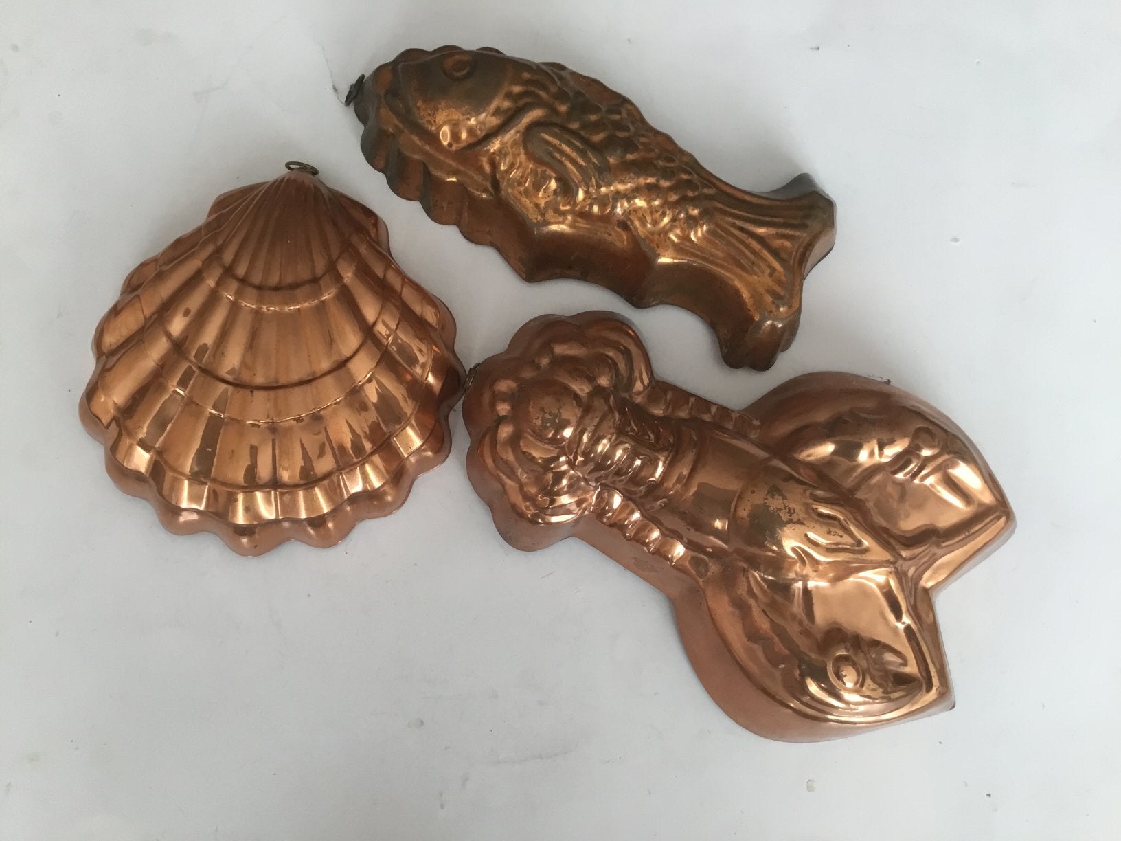 oude koperen vorm kreeft , vis en schelp, Ophalen