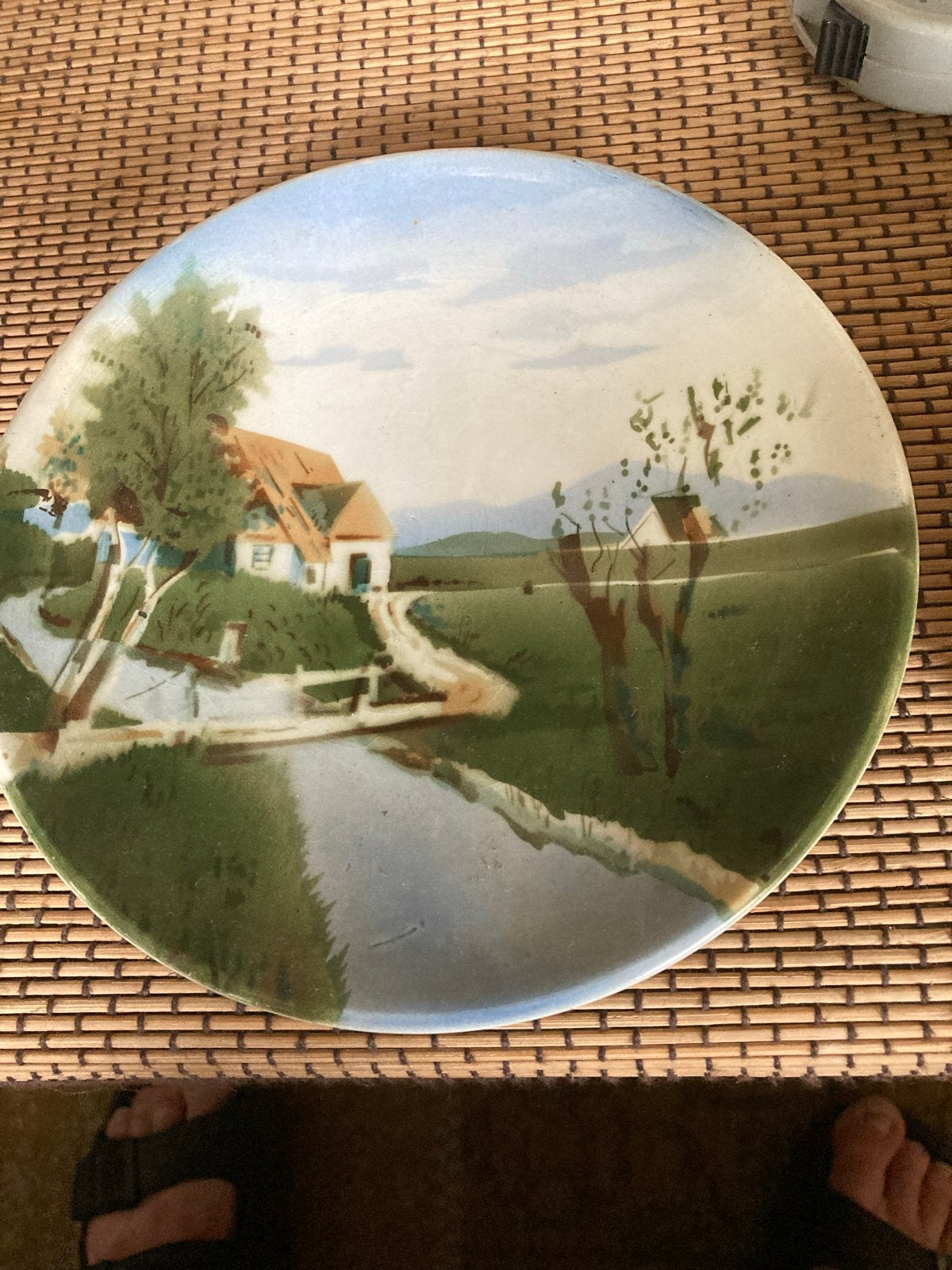 Antiek decoratief bord met landschap, ø 18 cm, Ophalen of Verzenden