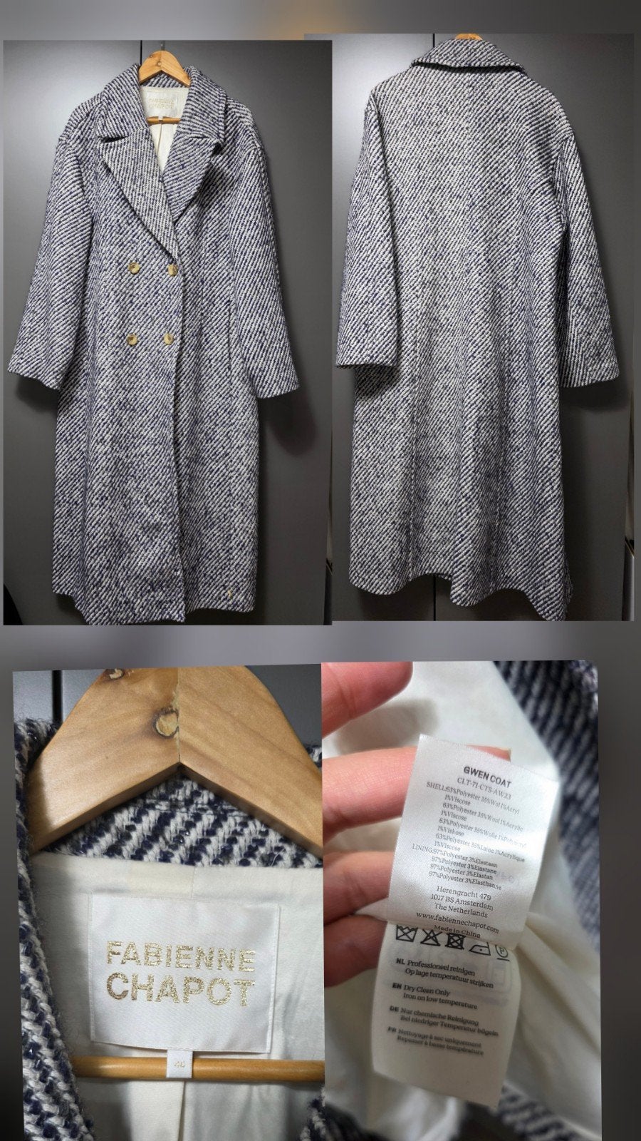 Fabienne Chapot Gwen Coat - Stijlvolle Tweed Jas, Maat 38/40 (M), Blauw, Ophalen of Verzenden, Fabienne Chapot