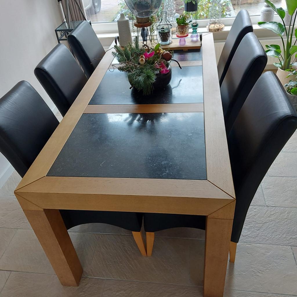 Eetkamertafel + 6 zwart leren stoelen, Ophalen of Verzenden, Gebruikt, 4 tot 6 stoelen