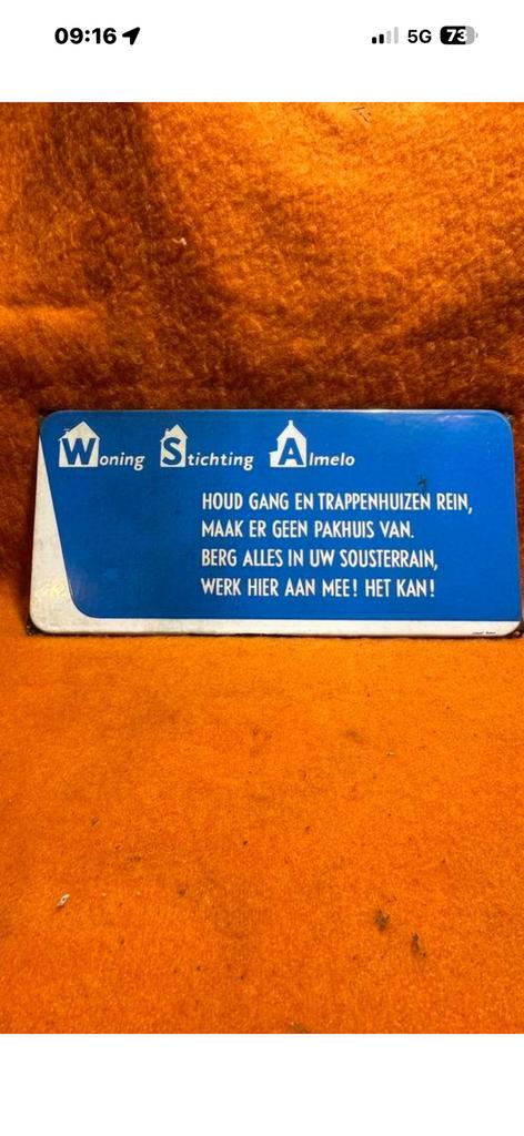 Emaille bord Woning Stichting Almelo, Verzamelen, Reclamebord, Lo, Ophalen of Verzenden, Zo goed als nieuw