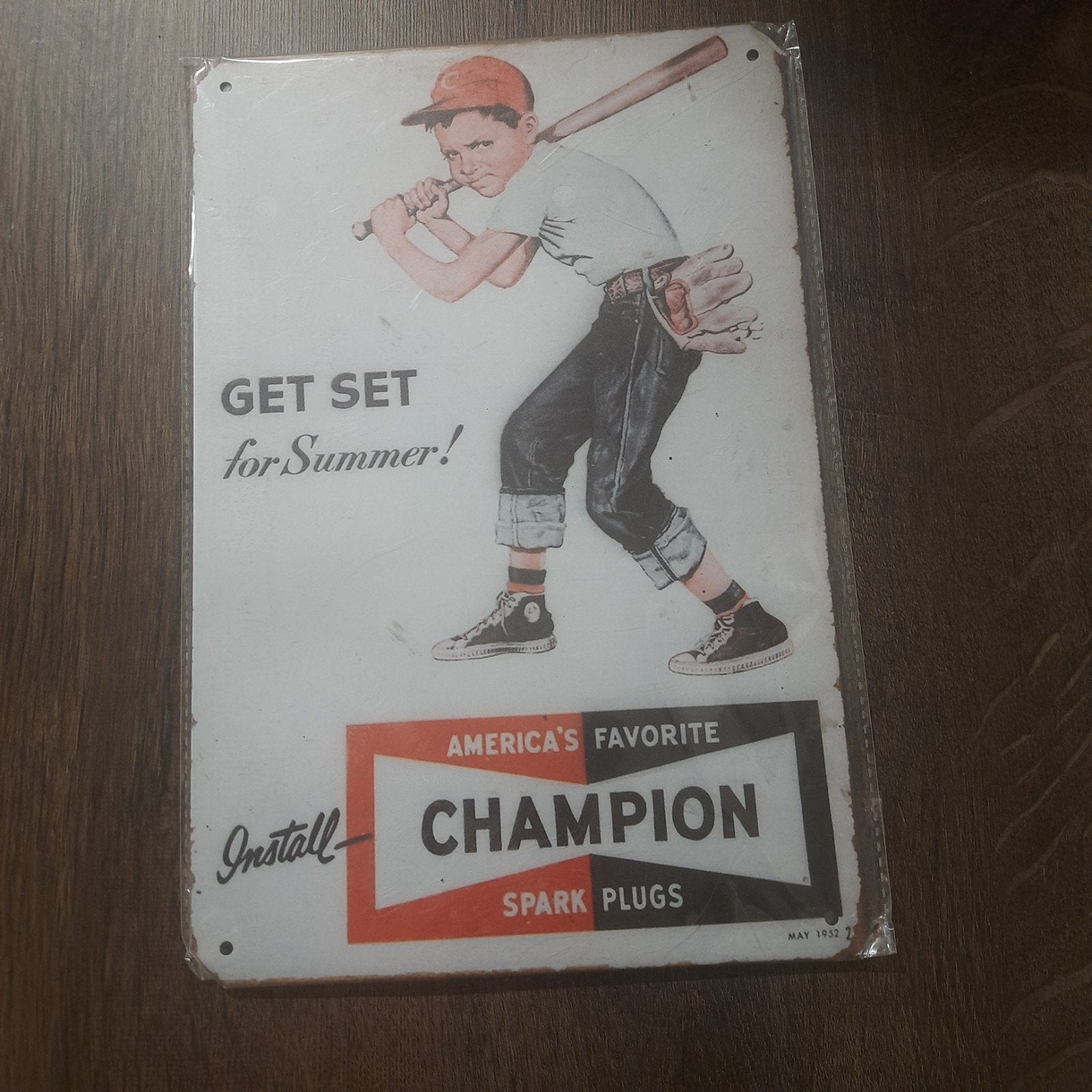 Vintage Champion Spark Plugs reclamebord Get Set for Summer, Ophalen of Verzenden, Nieuw, Reclamebord