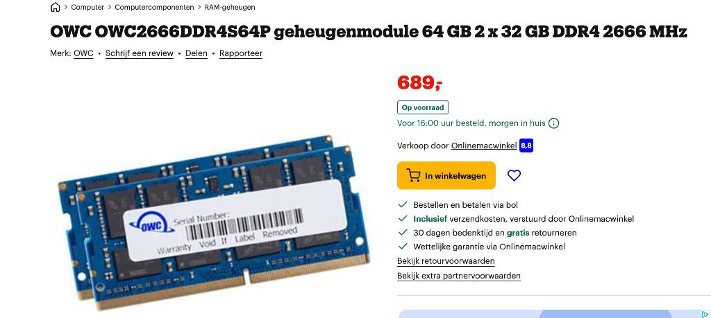 ✅ ✅ OWC 64GB RAM (2x32GB) DDR4 2666MHz SO-DIMM, Computers en Software, RAM geheugen, DDR4, Ophalen of Verzenden, Zo goed als nieuw