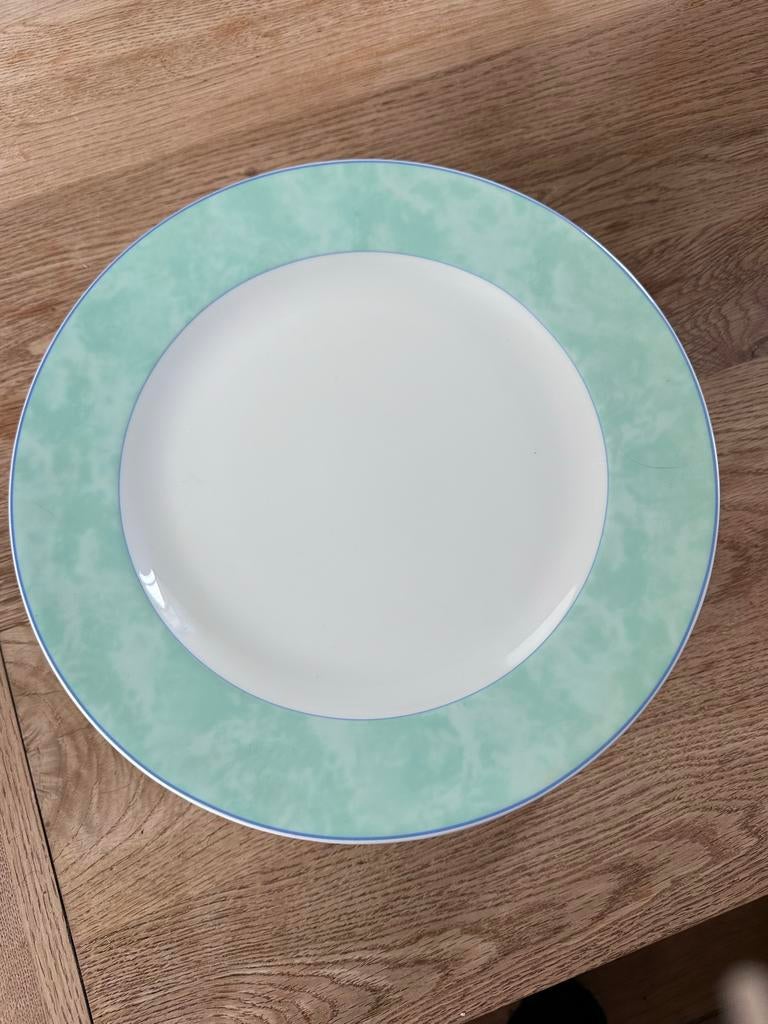 Arzberg set van 6 onderborden, groen met blauwe rand, Keramiek, Ophalen of Verzenden, Zo goed als nieuw, Bord(en)