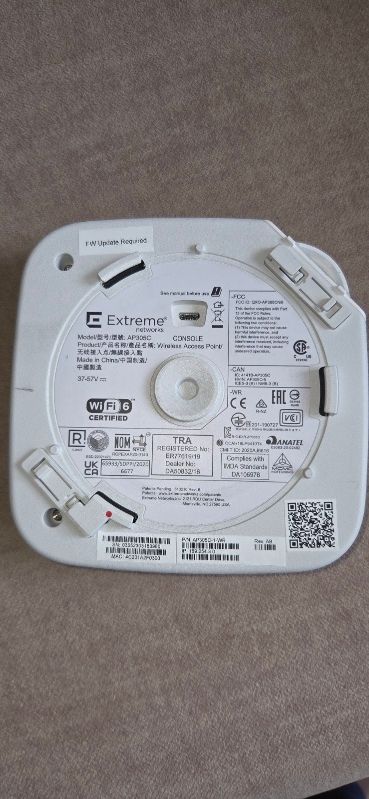 Extreme Networks AP305C Wi-Fi 6 Access Point, Computers en Software, Accesspoints, Ophalen of Verzenden, Gebruikt, Extreme Networks