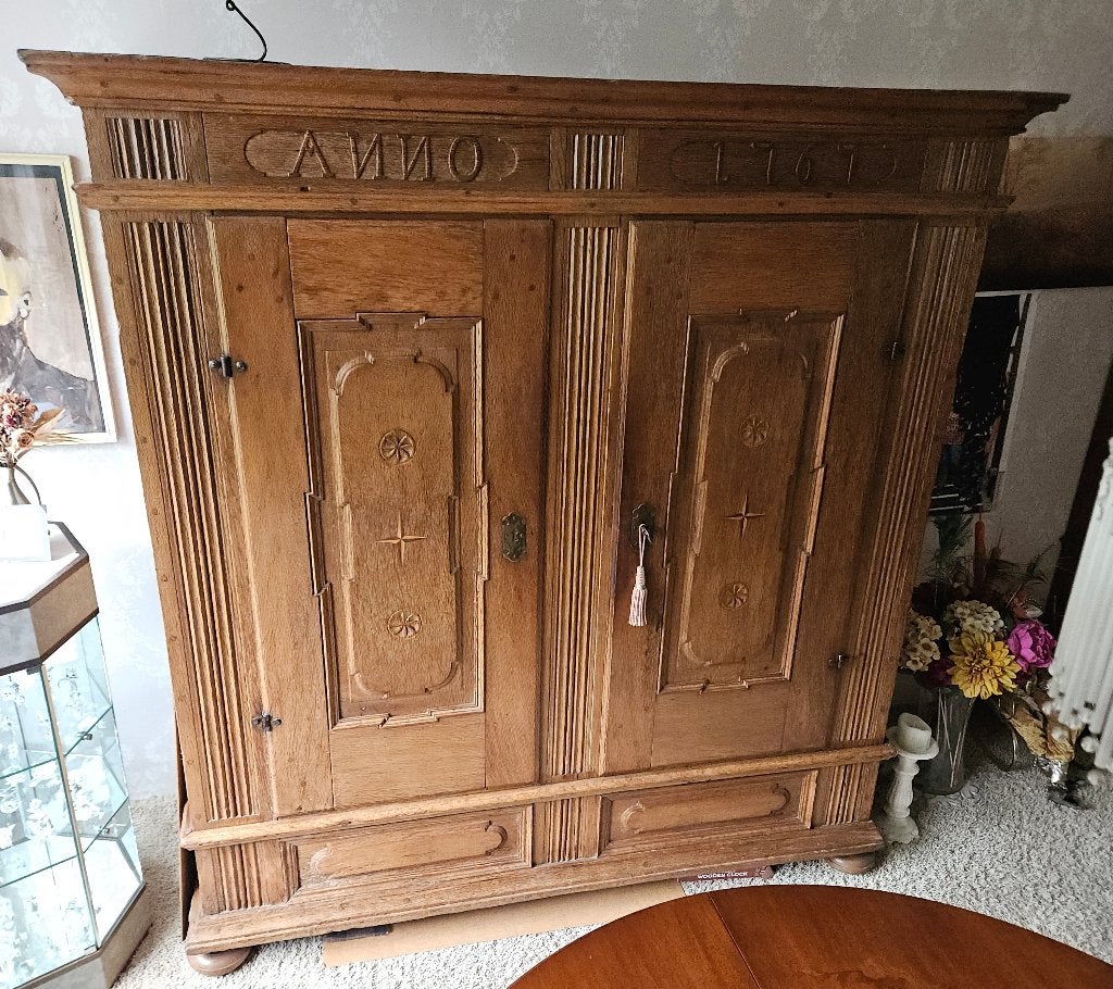 Oude Duitse kast Eiken 1767, Ophalen, 150 tot 200 cm, Eikenhout, 150 tot 200 cm