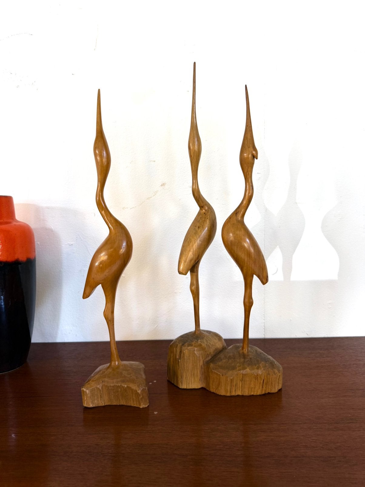 Vintage setje houtsnijwerk van een reiger, jaren ‘60, Houtsnijwerk, Hout, Bruin, Europa