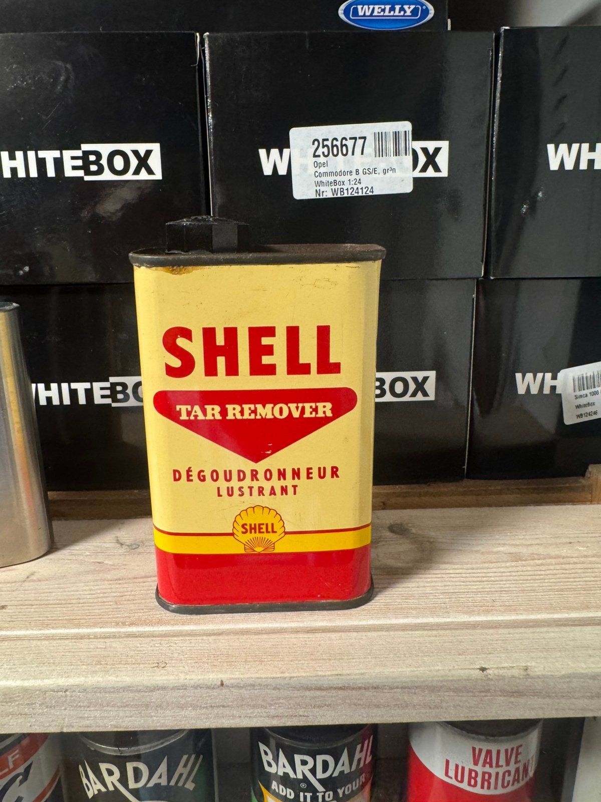 Oude Vintage Olie blikje van Shell Tar remover vol, Ophalen of Verzenden, Gebruikt, Gebruiksvoorwerp