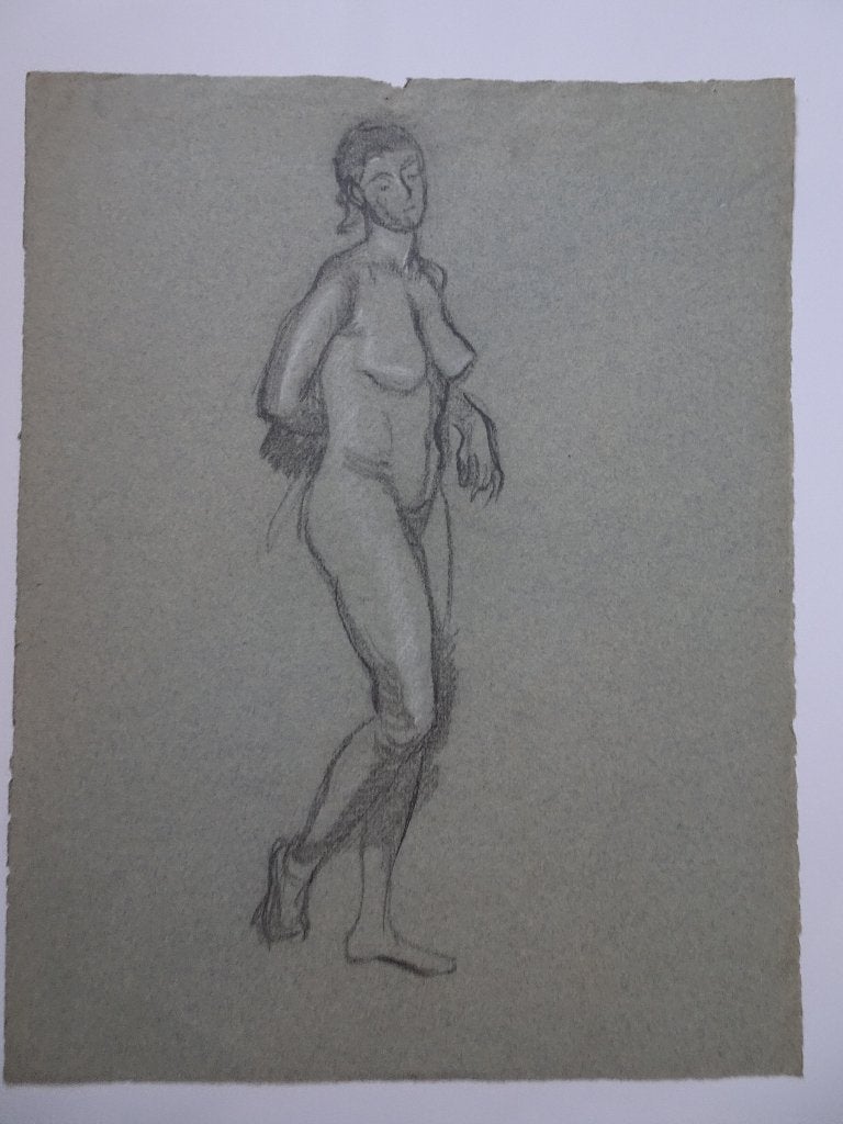 2 Houtskooltekeningen naakte vrouw knielend en staand 1930, Antiek en Kunst, Ophalen of Verzenden, Tekening, Houtskooltekening