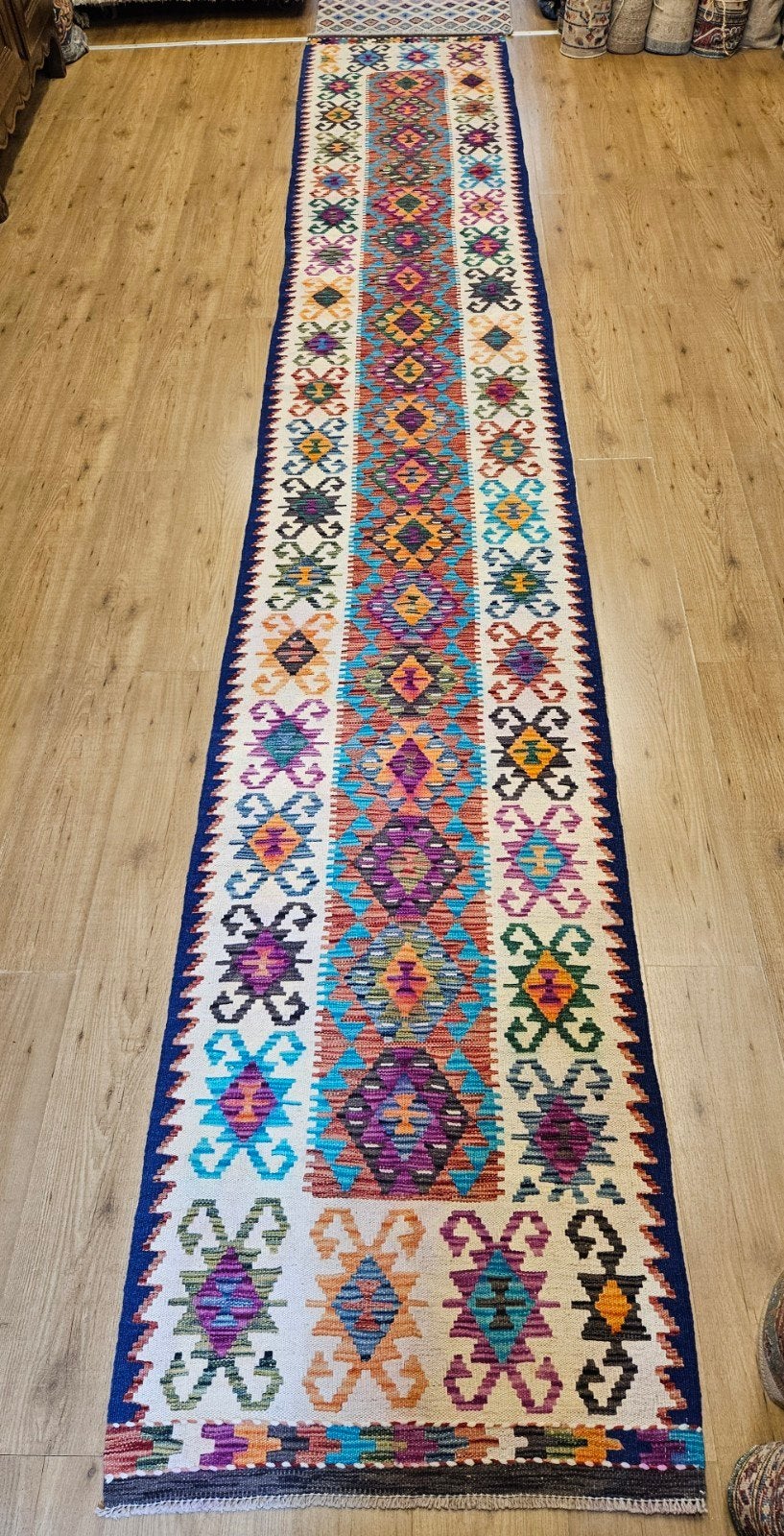handgeweven oosterse wollen kelim loper 487x78, Info@SlatsAntiek.nl, Vof Slats Antiek, Geel, Kelim