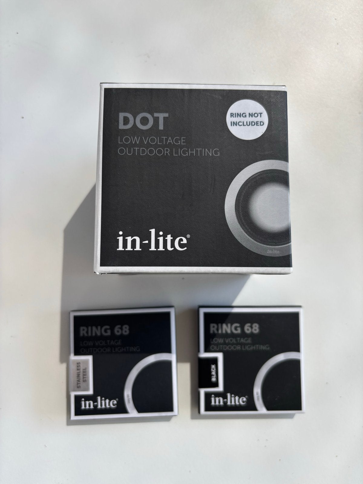 In-lite DOT met RING 68 (RVS OF Zwart) €50 korting, Tuin en Terras, Buitenverlichting, Minder dan 50 watt, Nieuw, Ophalen of Verzenden