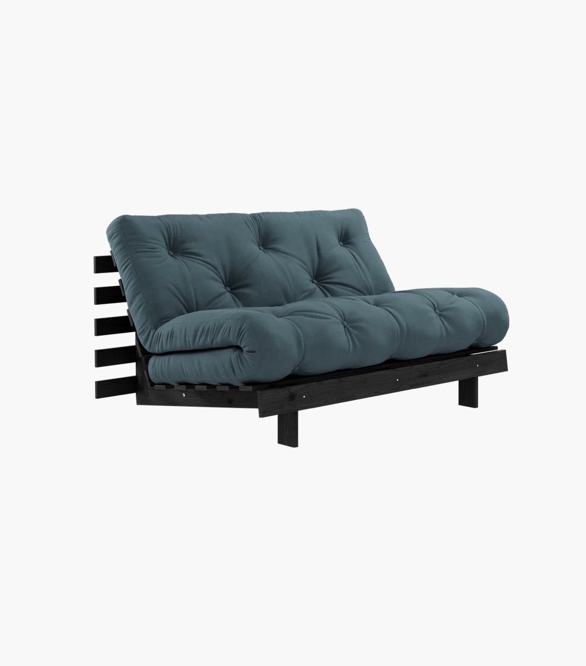 Futon slaapbank / karuzela blauwgroen met zwart frame, Ophalen, Gebruikt, Blauw, Tweepersoons