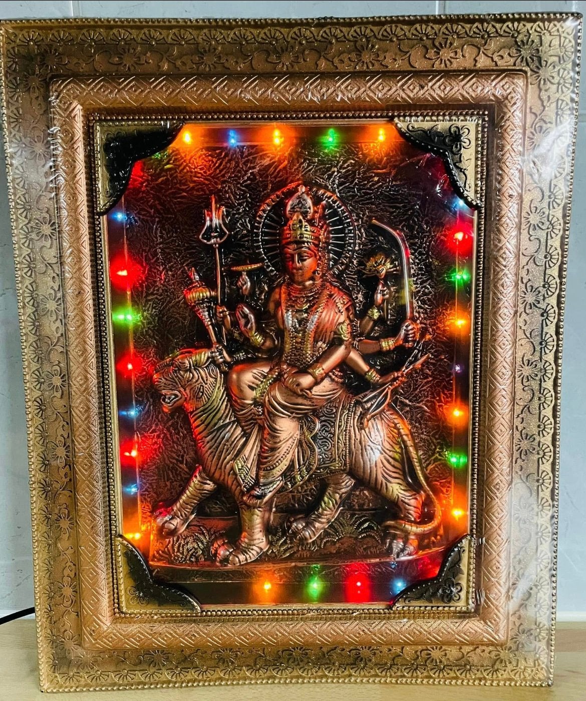 Ingelijste Durga met knipperlichten, Verzamelen, Ophalen of Verzenden, Nieuw, Hindoeïsme