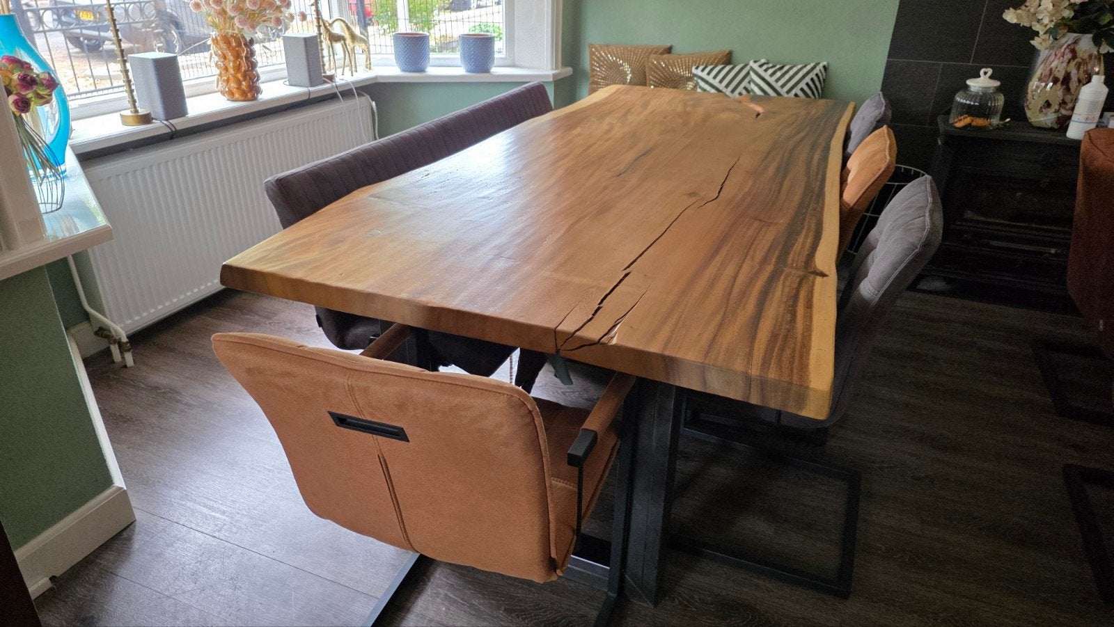 Eettafel Suar boomstamtafel met 5 stoelen en bankje, Ophalen, 100 tot 150 cm, -, -