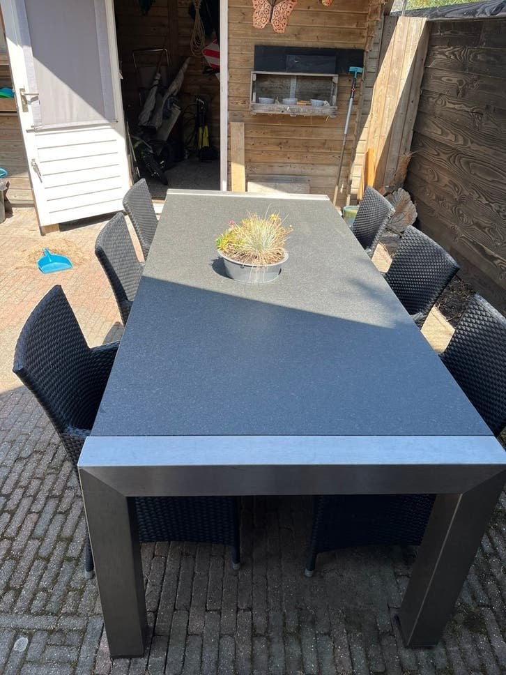 natuurstenen tafel, Tuin en Terras, Ophalen, Zo goed als nieuw, Rvs, Tuinset