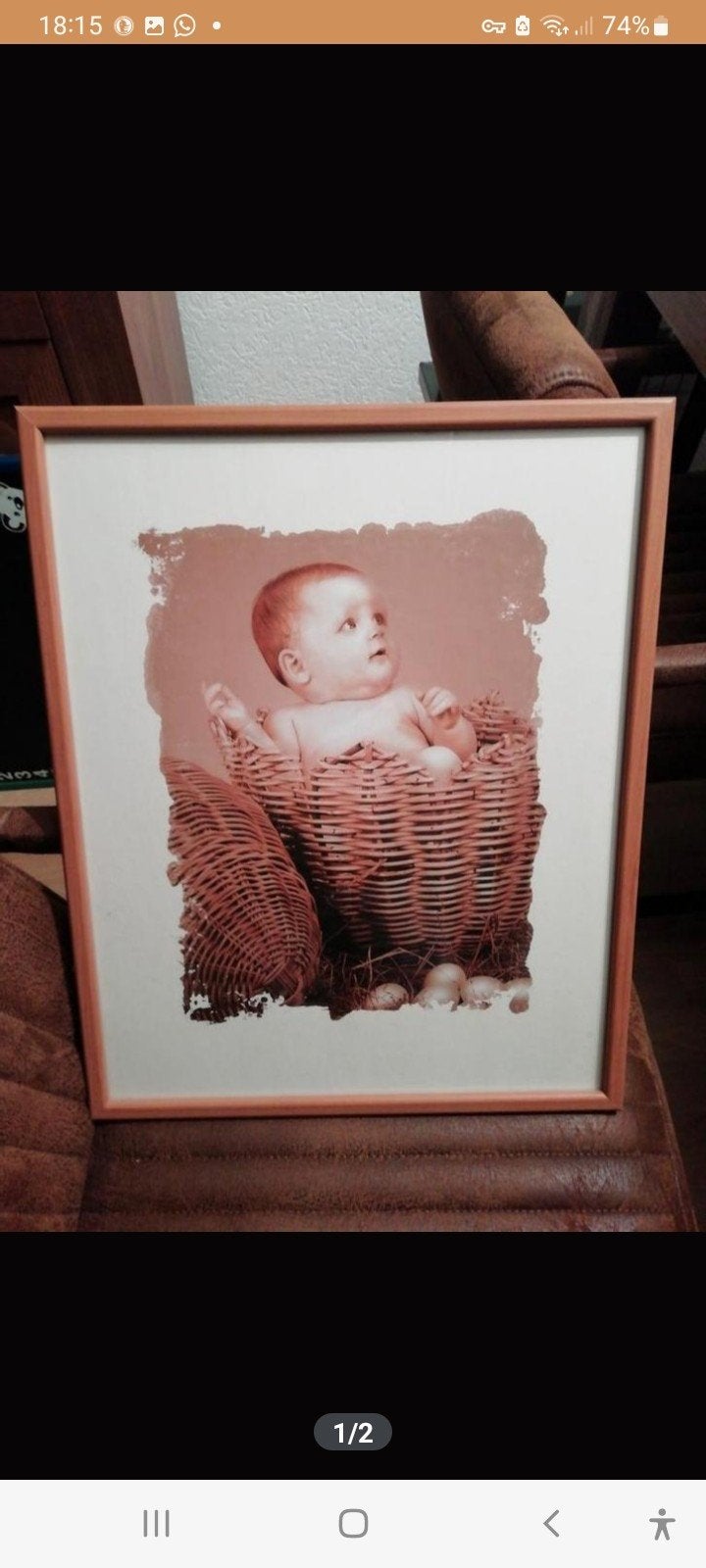 Ingelijste babyfoto in rieten mand, Ophalen, Gebruikt, Hout