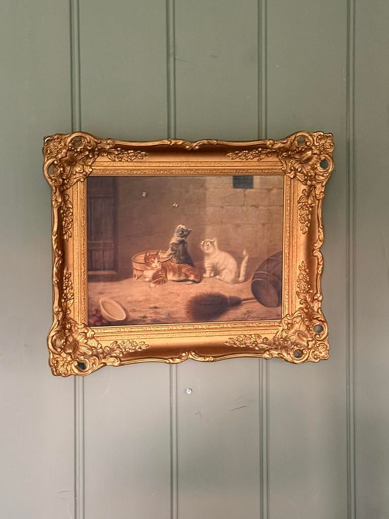 Antiek schilderij met kittens – gesigneerd Julius Hamburger, Antiek en Kunst, Ophalen