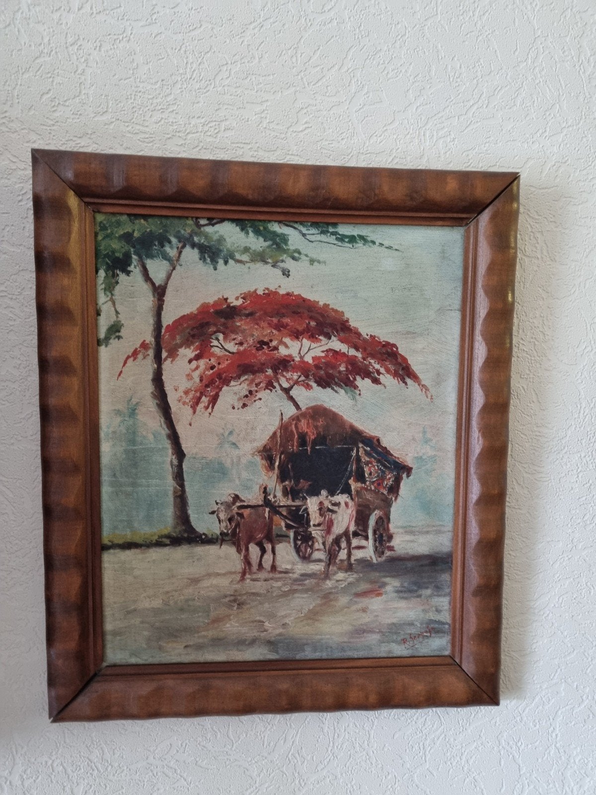 Schilderij met ossenkar en bloeiende boom, Antiek en Kunst, Ophalen of Verzenden