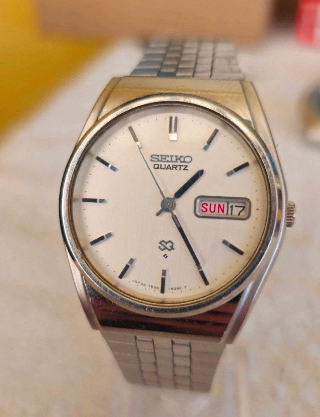 Seiko SQ 7546-8320 Vintage Quartz – Witte Dial, Gebruikt, Staal, Polshorloge, Ophalen of Verzenden