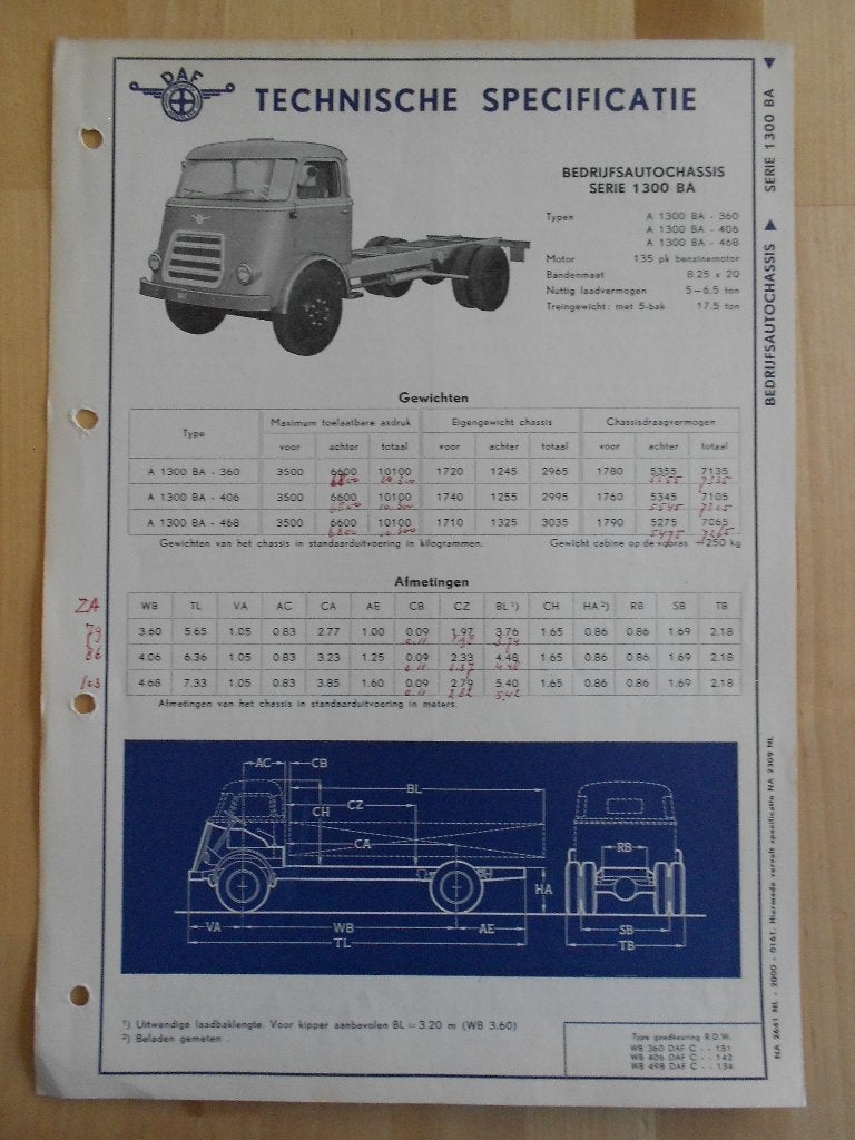 DAF 1300 BA Technische Specificatie folder 1961 Kikker 1300B, Ophalen of Verzenden, Zo goed als nieuw, Overige merken, DAF