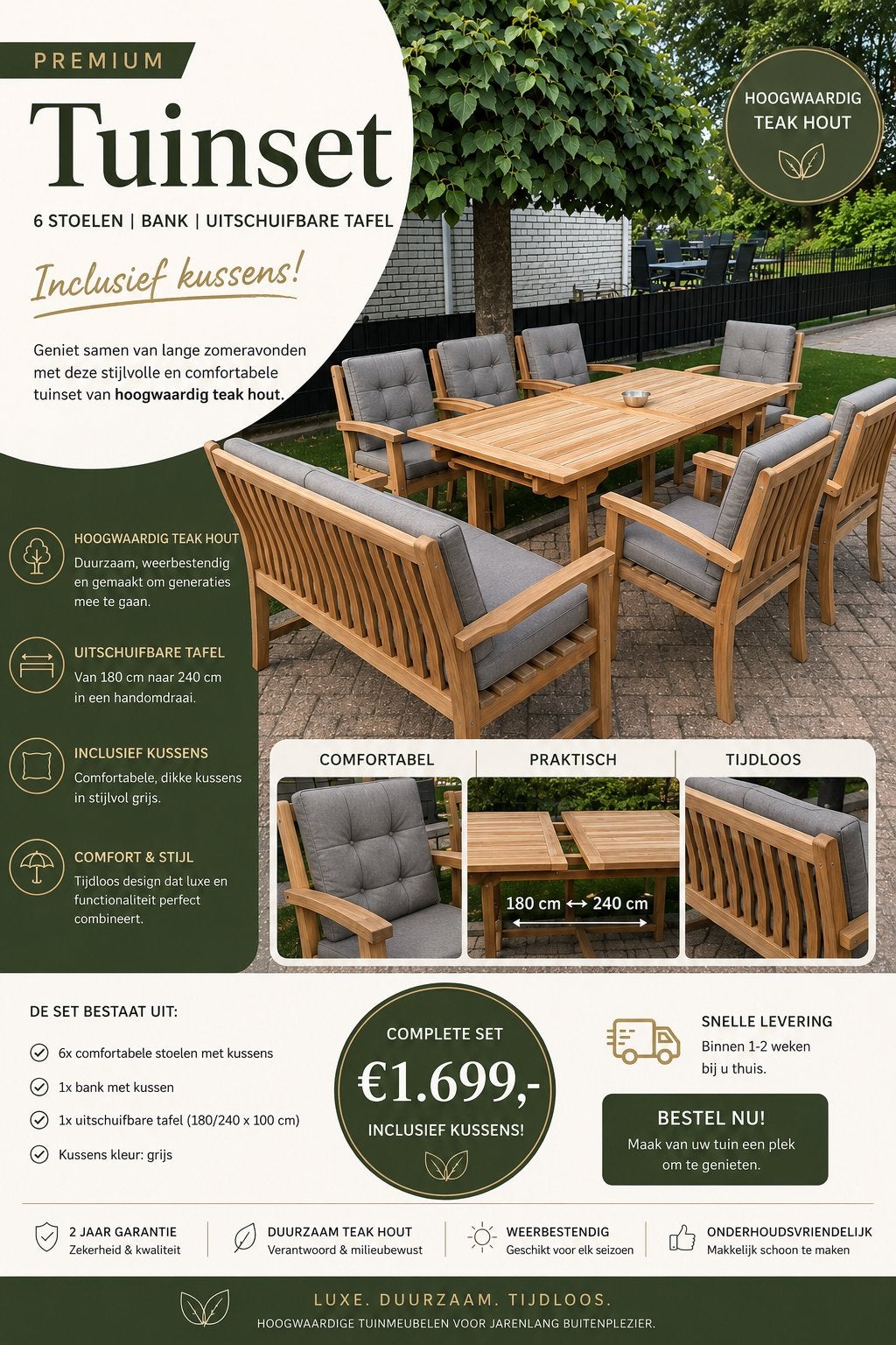 Hoogwaardig Teakhouten tuinset, Tuin en Terras, Tuinmeubel-accessoires, Verzenden, Nieuw