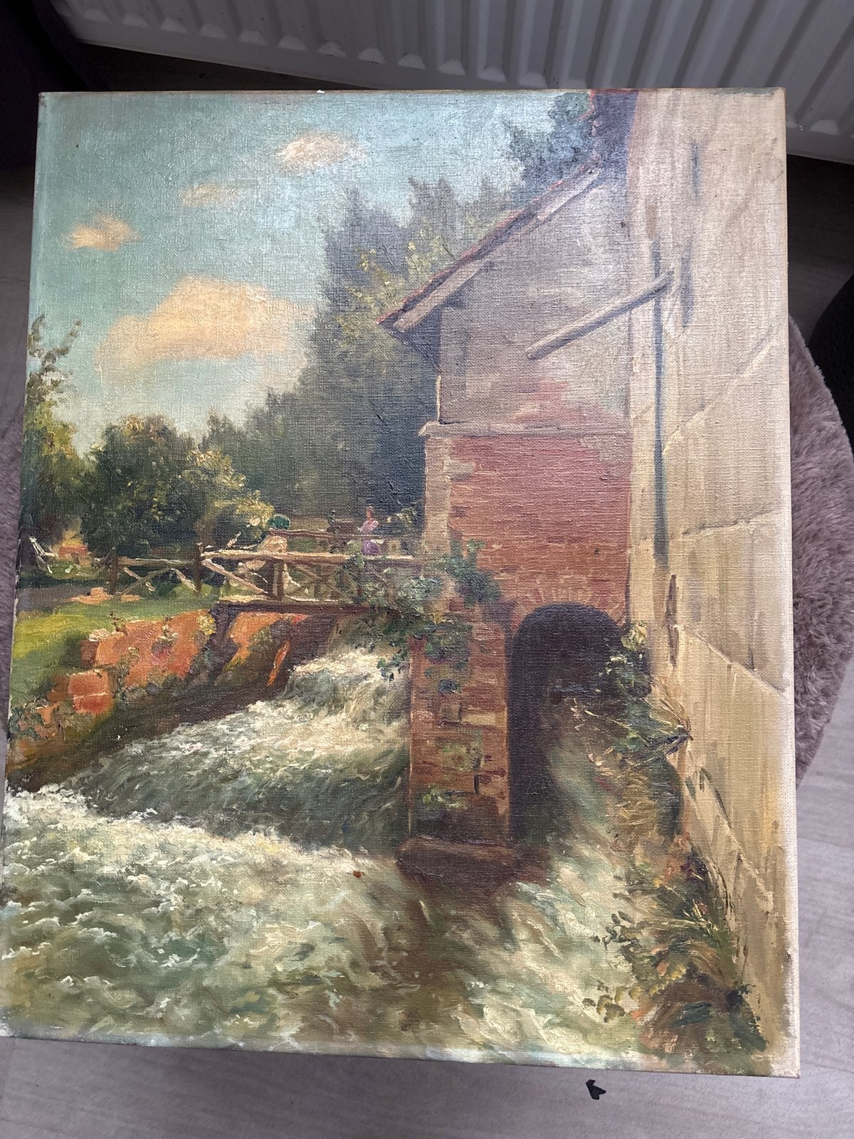 Klassiek Olieverfschilderij: Watermolen aan de Rivier, Doek, Ophalen of Verzenden, Handgeschilderd, Olieverf