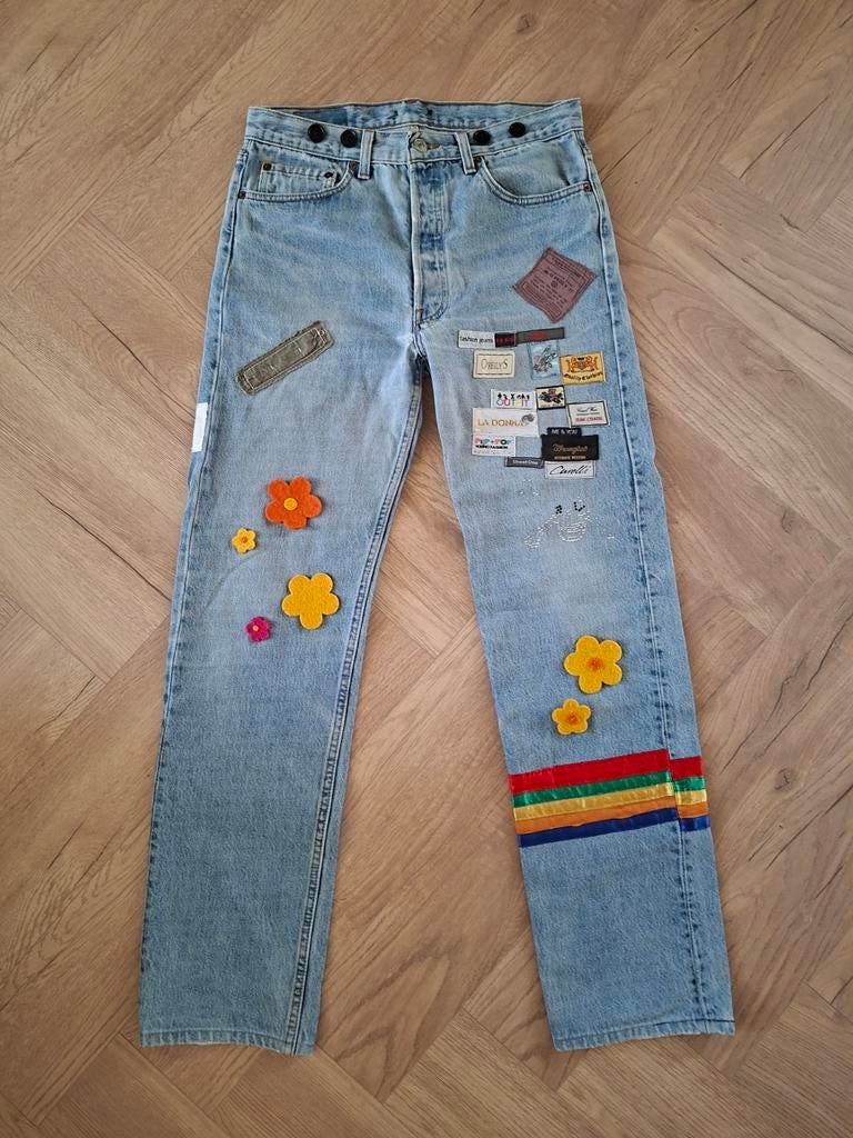 Levi's 501 Vintage Jeans W33 L34 - Custom Patchwork Y2K, Blauw, Maat 46/48 (XL) of groter, Ophalen of Verzenden, Zo goed als nieuw
