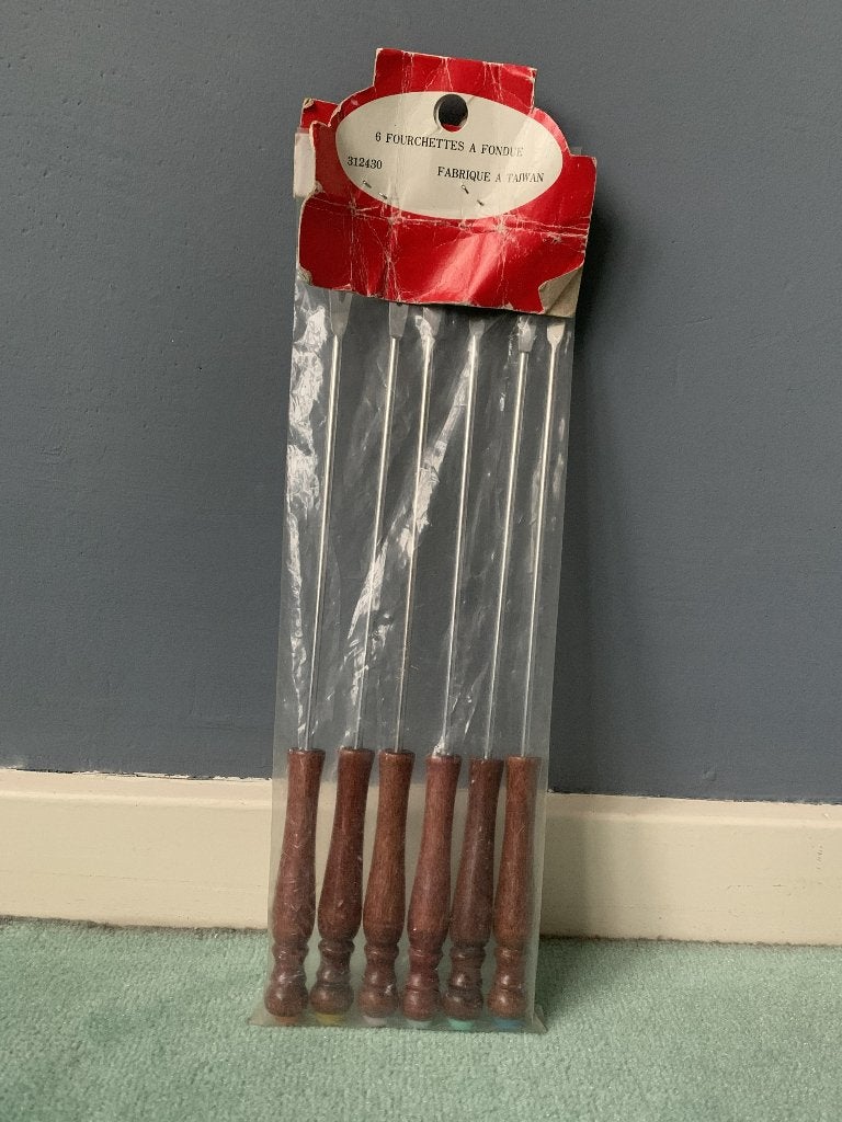Set 6 Fonduevorkjes houten handvat NIEUW - vintage jaren 80, Ophalen of Verzenden, Nieuw, Brander, Fondueset
