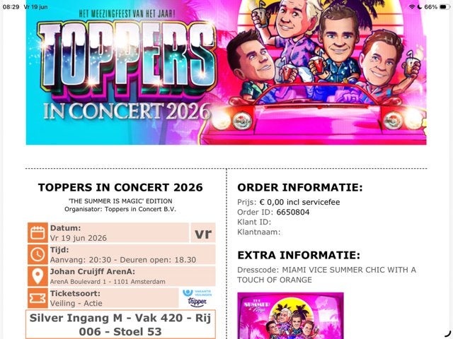 2 kaarten Toppers voor vanavind 19 juni teab, Twee personen, Juni
