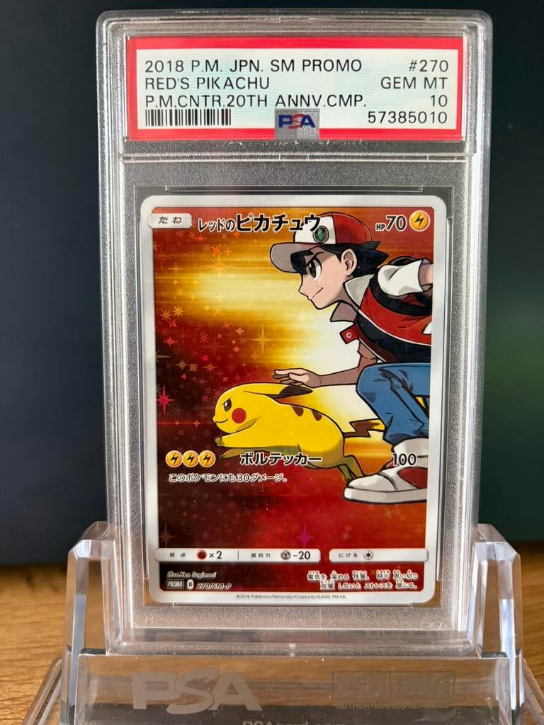 Red's Pikachu 270/SM-P PSA 10 Full Art Promo 20th, Ophalen of Verzenden, Zo goed als nieuw, Losse kaart, Foil