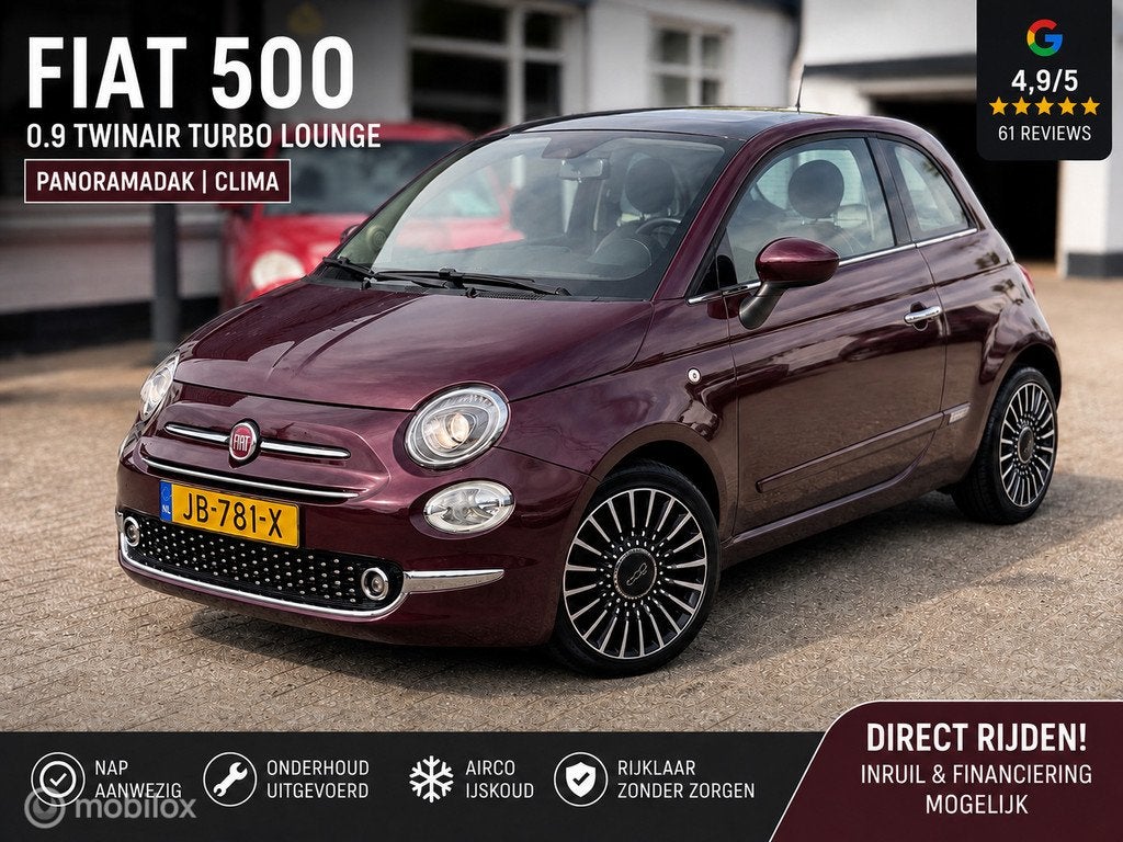 Fiat 500 TwinAir Lounge/Pano/Clima/Bluetooth/NAP, Auto's, Fiat, Voorwielaandrijving, Gebruikt, 905 kg, Origineel Nederlands