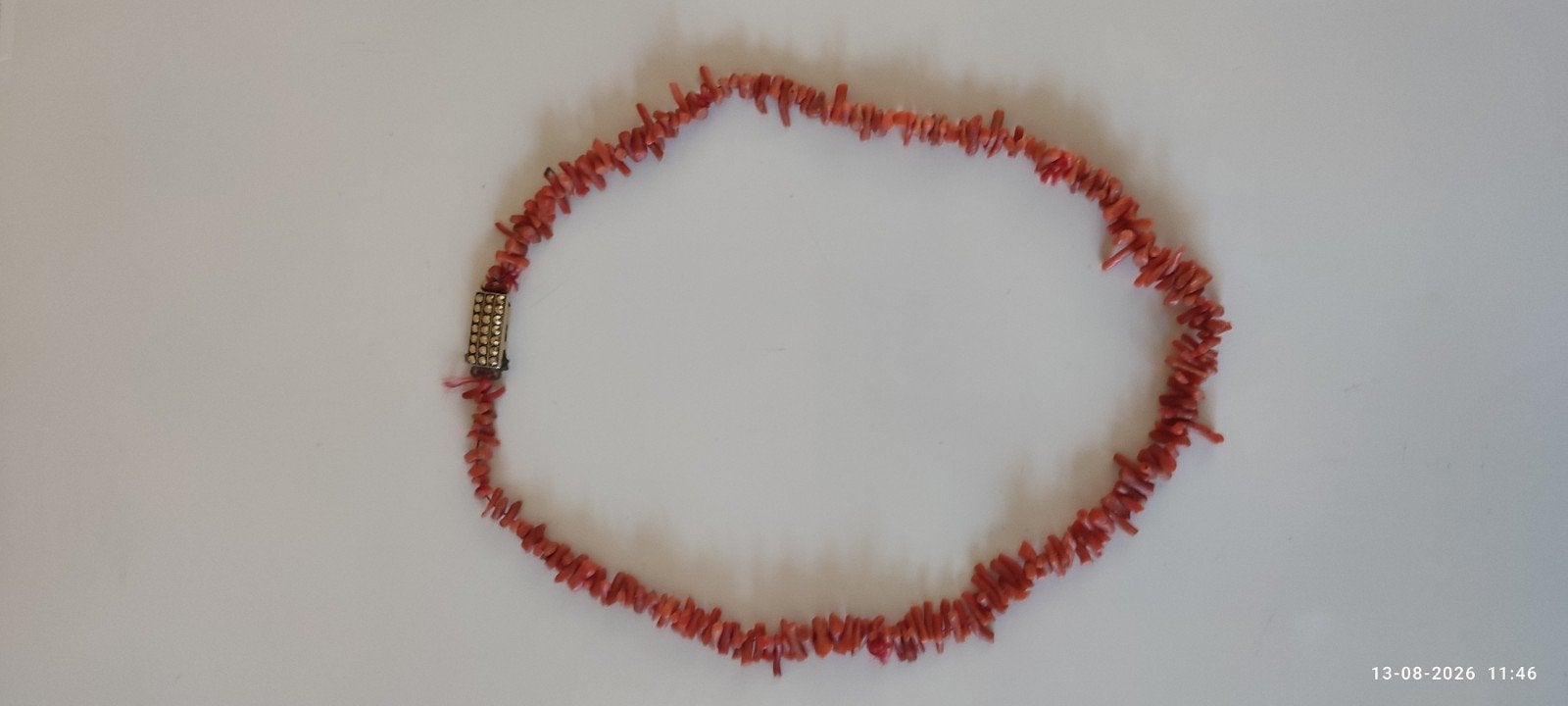 Antieke Bloedkoraal Takjesketting met Marcasiet Slot, Sieraden, Tassen en Uiterlijk, Kettingen, Ophalen of Verzenden, Gebruikt