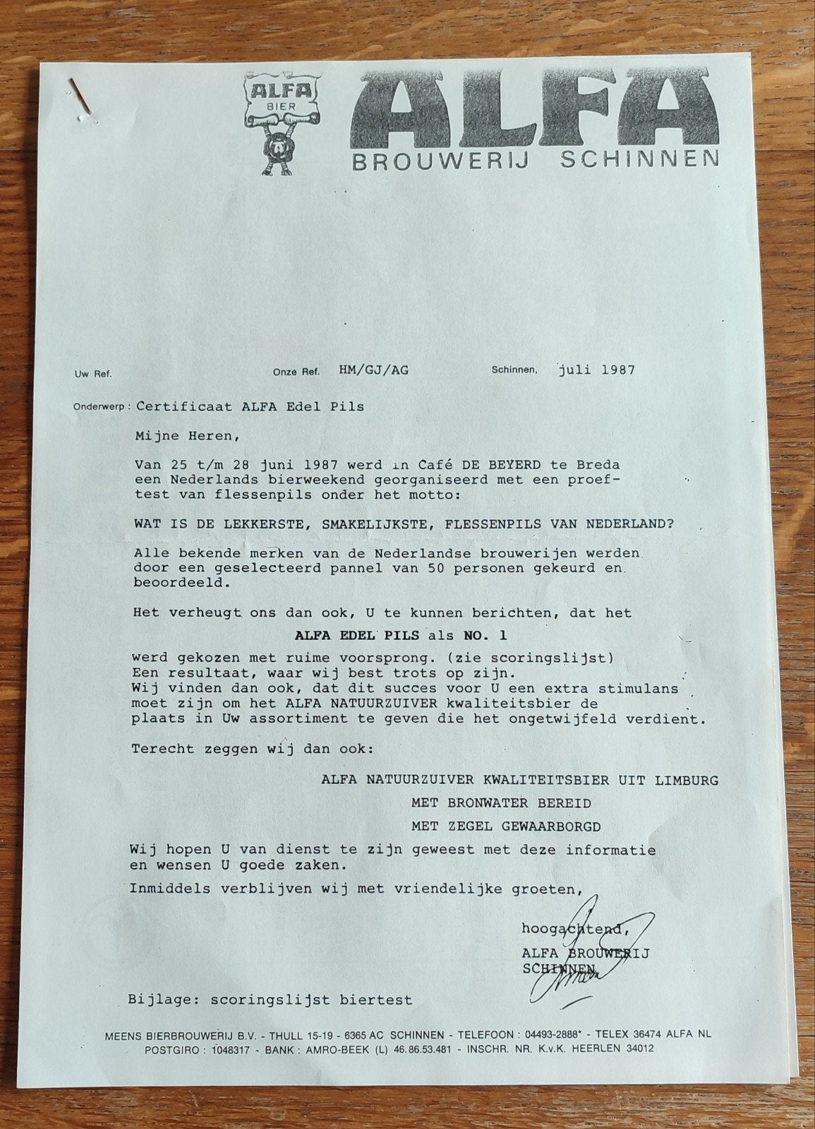 Alfa bier brief + scoringslijst NL bier weekend 1987, Verzamelen, Ophalen of Verzenden, Gebruikt, Overige merken