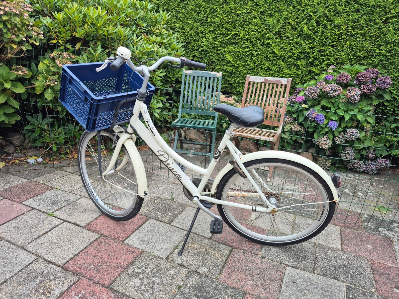 meidenfiets met voordrager en krat, Fietsen en Brommers, Fietsen | Dames | Damesfietsen, Terugtraprem, Versnellingen, Ophalen