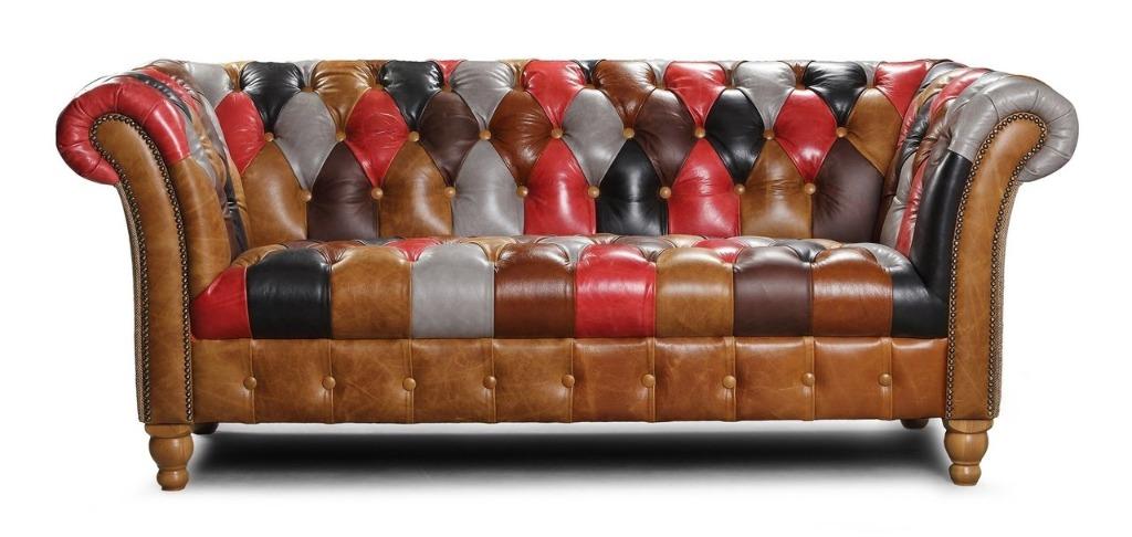 Multicolour chesterfield bank Patchwork leer Harris Tweed, Chesterfield, Nieuw, 75 tot 100 cm, Ophalen of Verzenden