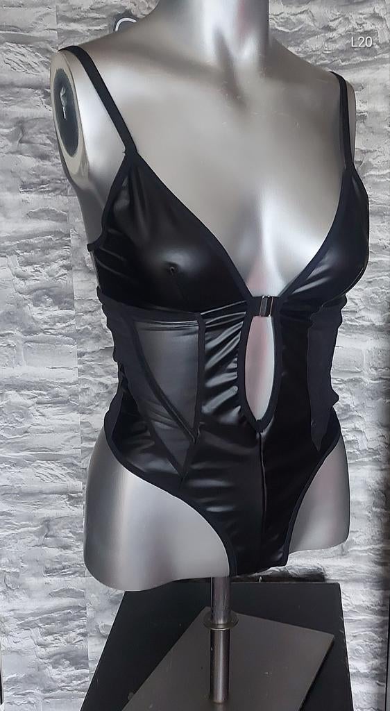 Kinky wetlook stringbody S, Ophalen of Verzenden, Zwart, Body of Korset