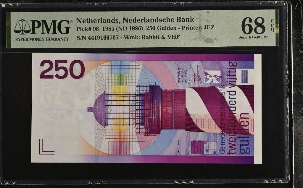 UNC biljet 250 gulden Vuurtoren, 1985 | PMG 68 EPQ, Postzegels en Munten, Bankbiljetten | Nederland, 250 gulden, Ophalen of Verzenden