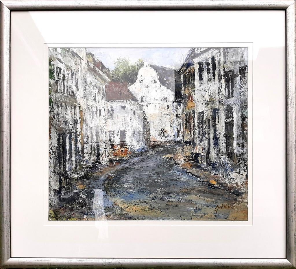 Schilderij acrylverf op papier achter glas. Lijst 70,5 breed, Ophalen